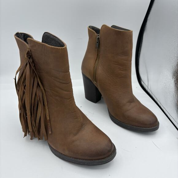Steve Madden Boots Womens 8.5 Woodstock Brown Leather Fringe Bootie Block Heel C - Picture 1 of 9